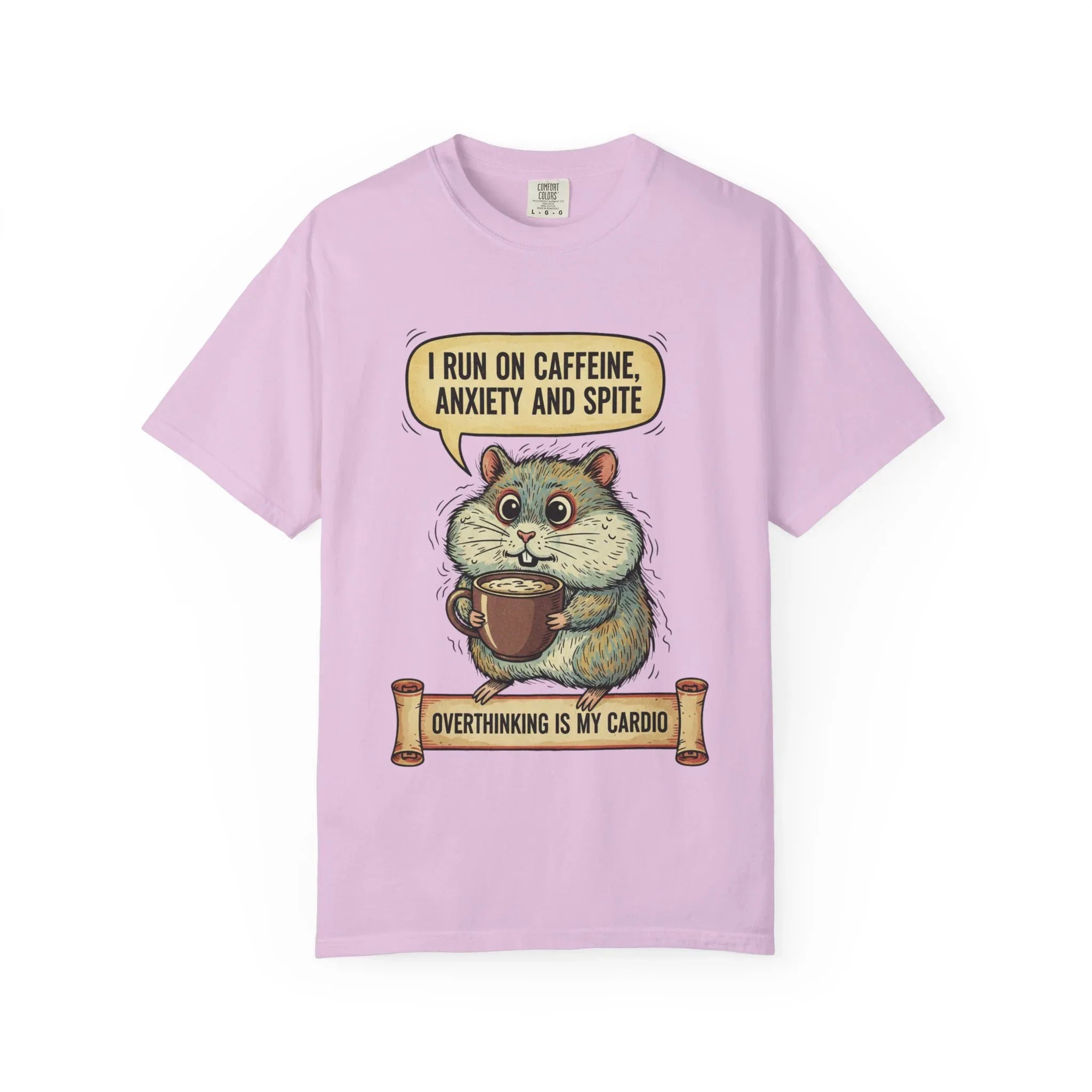 Funny Hamster Coffee Shirt - "Overthinking is My Cardio" T-Shirt - Caffeine Anxiety and Spite Gift - Sarcastic Mental Health Tee - Retro Jittery Hamster Graphic Top Orchid