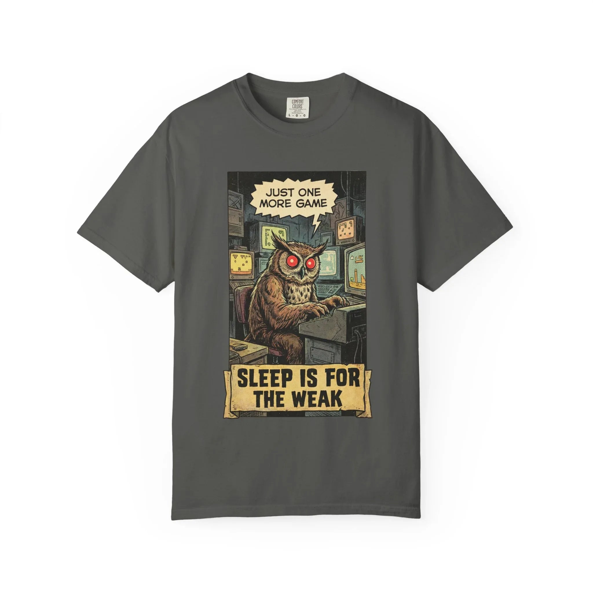 Funny Gamer Owl Shirt - "Just One More Game" Retro T-Shirt - Sarcastic Sleep is for the Weak Graphic Tee - Vintage Night Owl Gaming Gift - Gamer Husband & Boyfriend Gift Pepper
