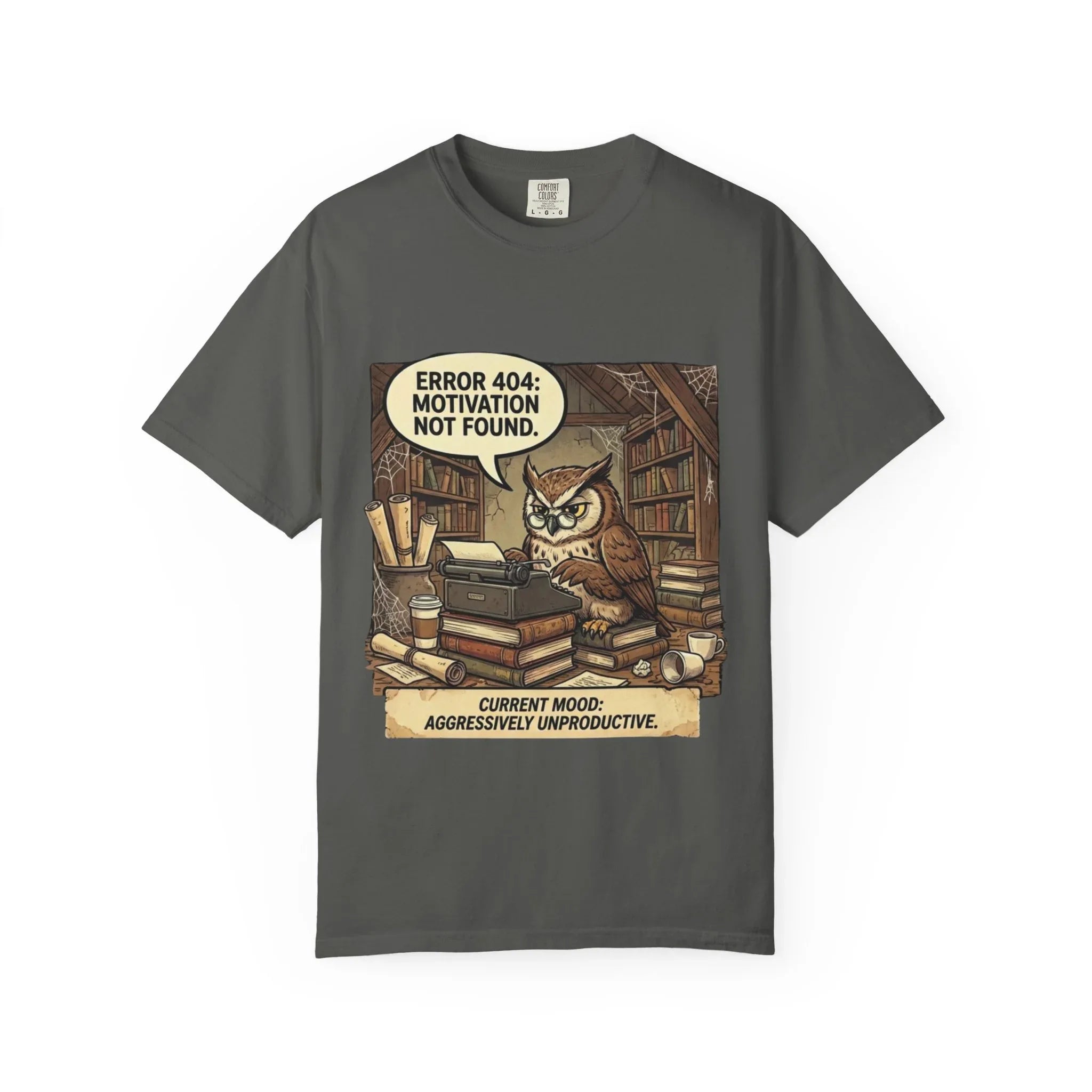 Error 404 Motivation Not Found Owl T-Shirt | Bookish Humor Study Vibes | Funny Programmer Gift | Vintage Sarcastic Student Tee Pepper