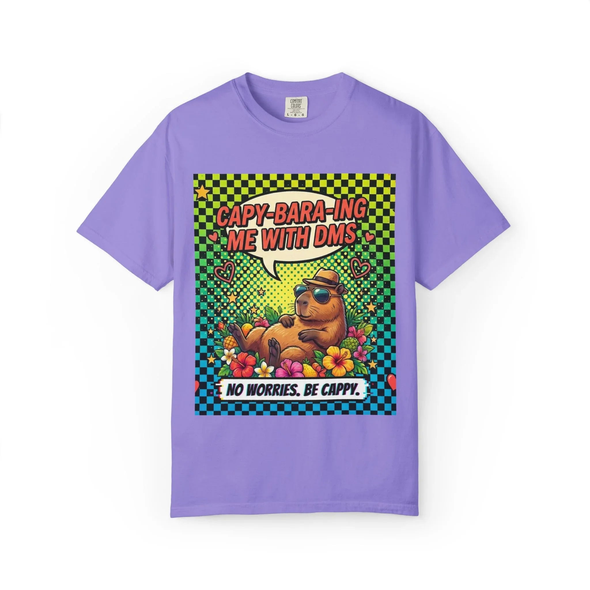 Capybara Relaxing Cartoon T-Shirt | Capy-bara-ing Me With DMs Tee | No Worries Be Cappy | Viral Meme Humor Gift Shirt Violet