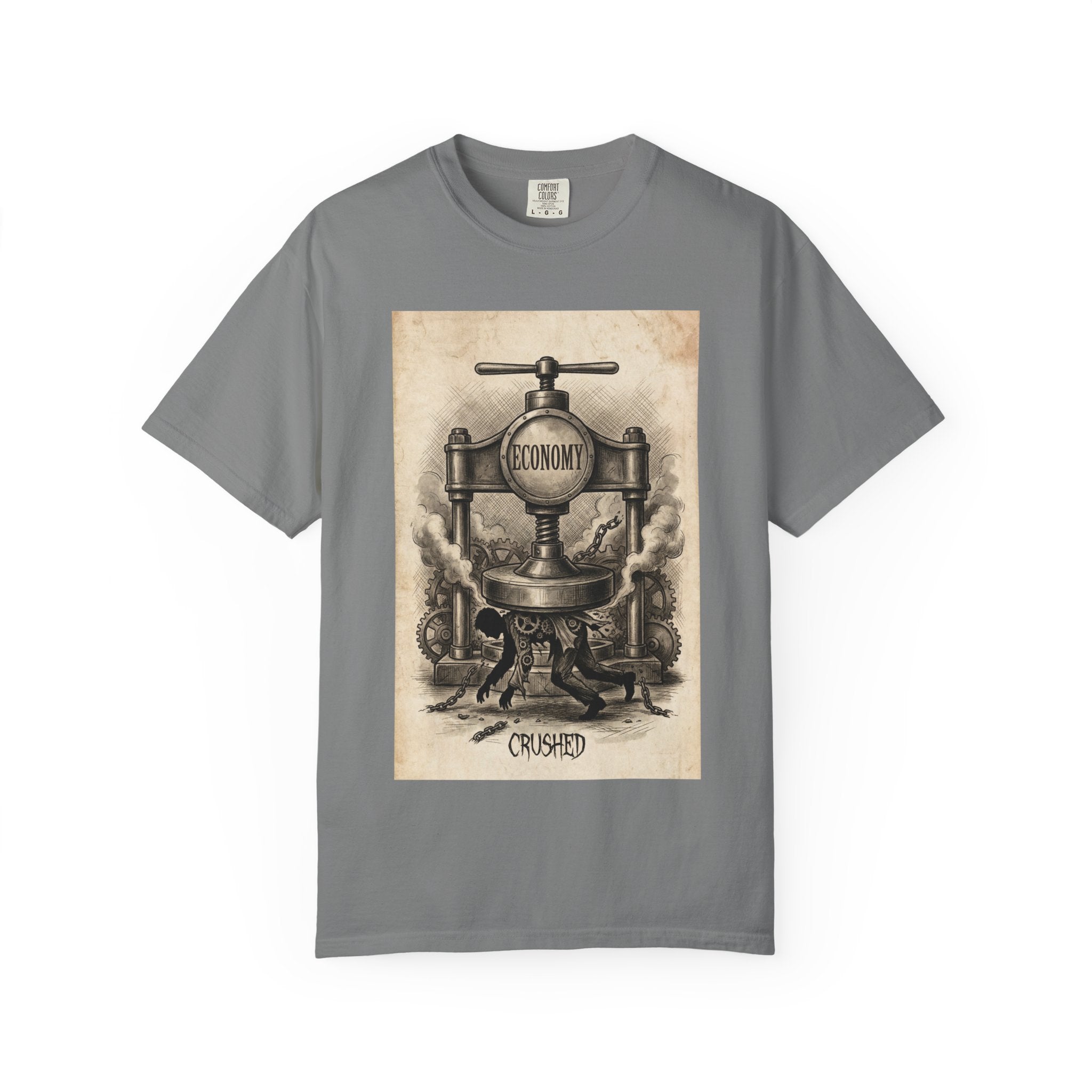 Vintage Economy Press T-Shirt | Retro Industrial Satire Tee | Dark Academia Social Comment Art Shirt | Gift for Philosophy & Economics Lovers" Grey