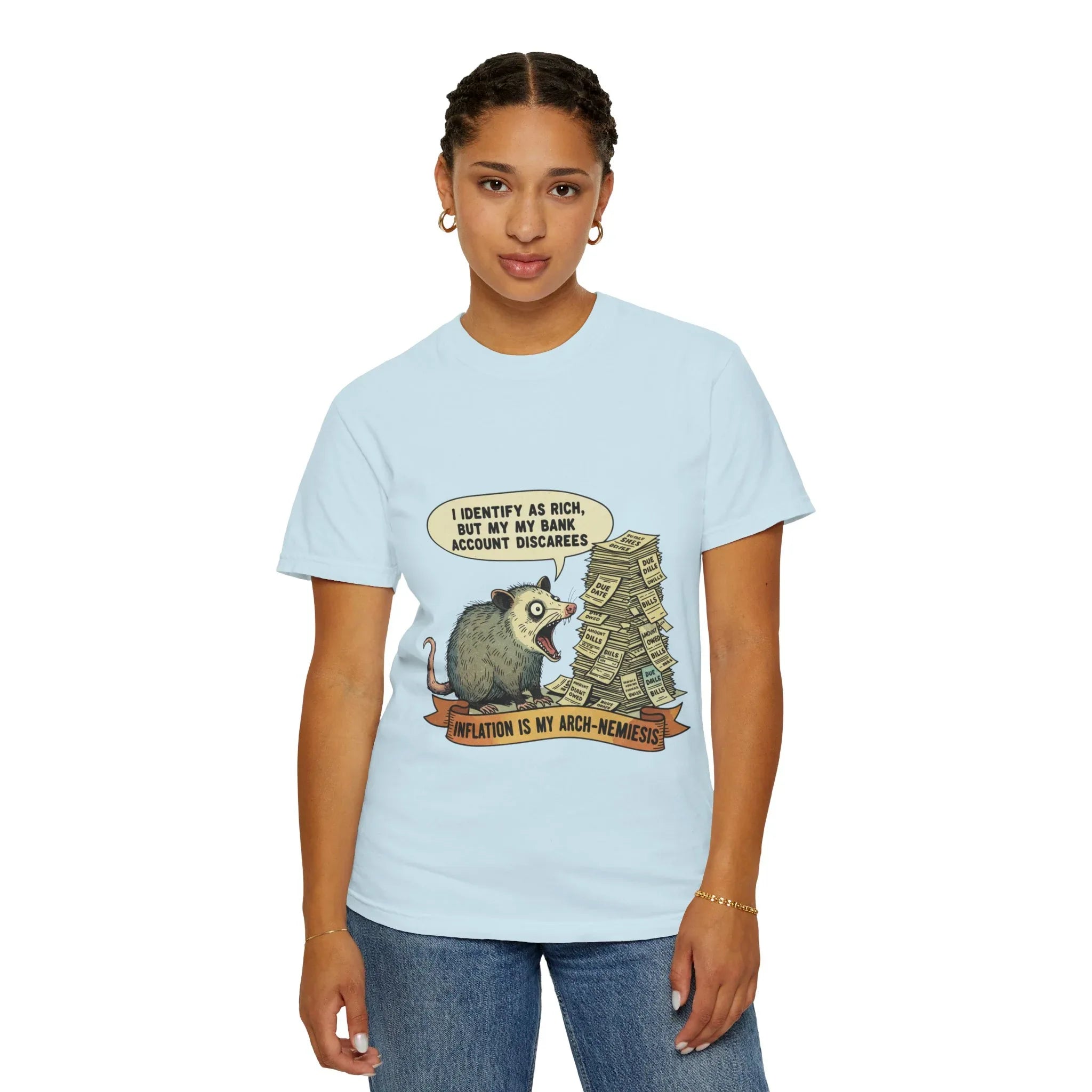 Funny Opossum Shirt - "Inflation Is My Arch-Nemesis" Tee - Relatable Financial Meme Gift - Sarcastic Possum T-Shirt - Screaming Trash Animal Budgeting Top Chambray
