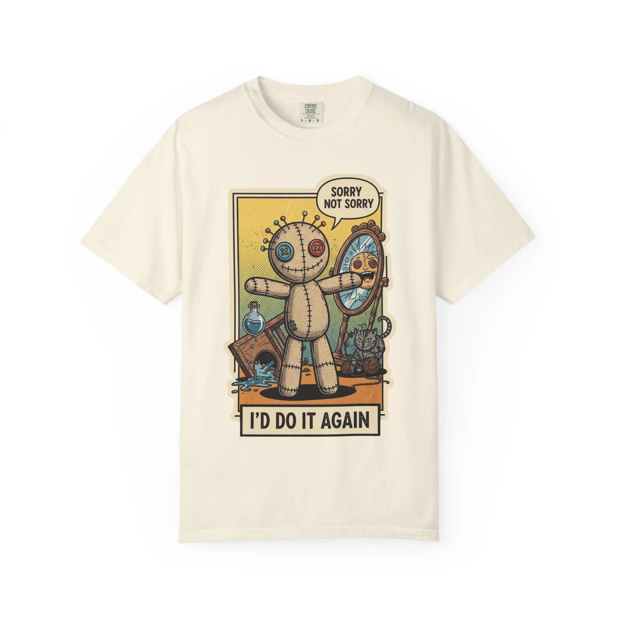 Sorry Not Sorry Voodoo Doll Shirt - Sarcastic "I'd Do It Again" Graphic Tee - Retro Comic Dark Humor T-Shirt - Vintage Black Cat Aesthetic Streetwear - Unapologetic Mood Gift Ivory