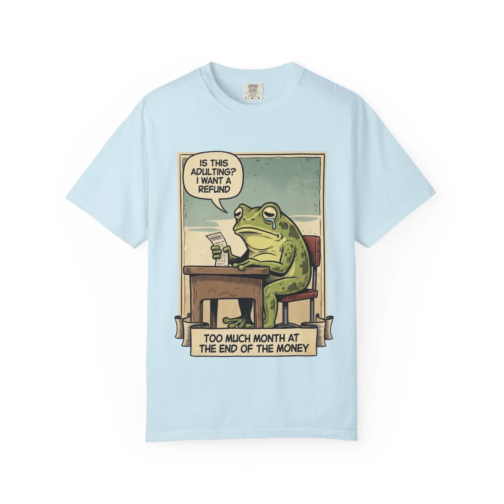 Funny Adulting Shirt - Sad Frog Meme Hoodie - "Too Much Month at the End of My Money" Sweatshirt - Vintage Aesthetic Millennial Financial Humor - Relatable Broke Friend Gift Chambray