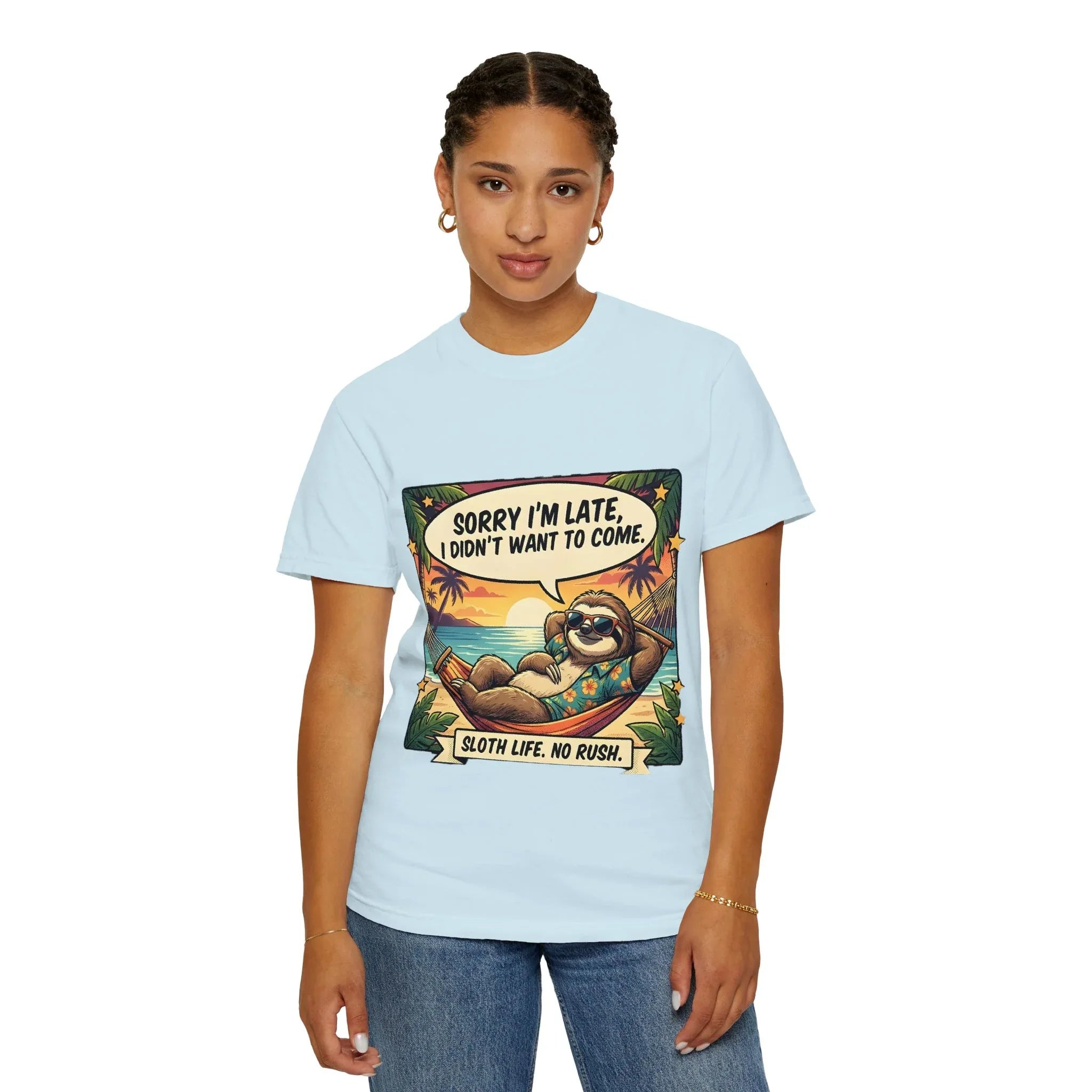 Sorry Im Late Sloth Hammock T-Shirt | Sloth Life No Rush Tee | Beach Chill Humor Gift | Vintage Tropical Lazy Shirt