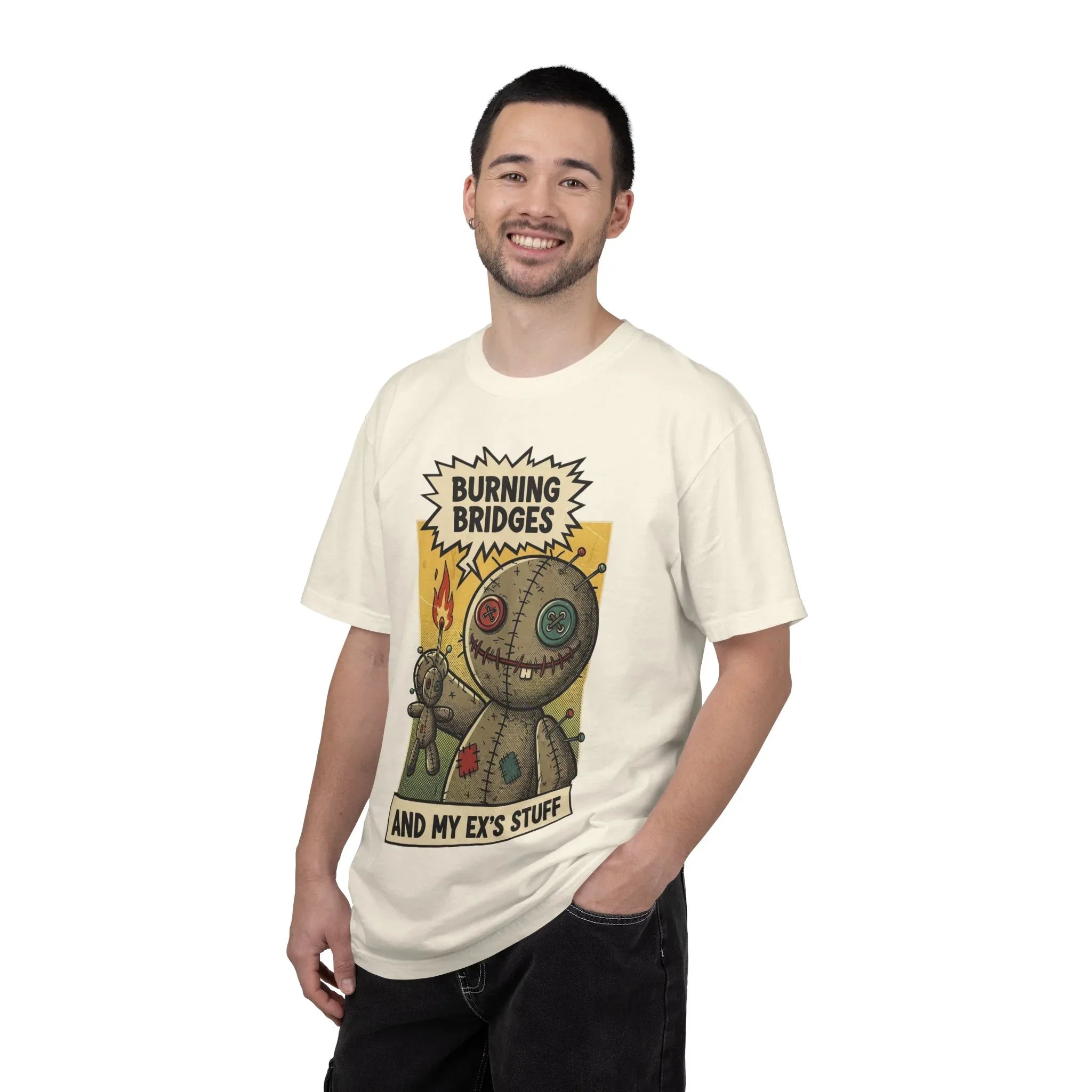 Burning Bridges Funny Breakup Shirt - Vintage Voodoo Doll Graphic Tee - Sarcastic Ex-Relationship T-Shirt - Retro Comic Dark Humor Gift - Mid-Century Aesthetic Streetwear