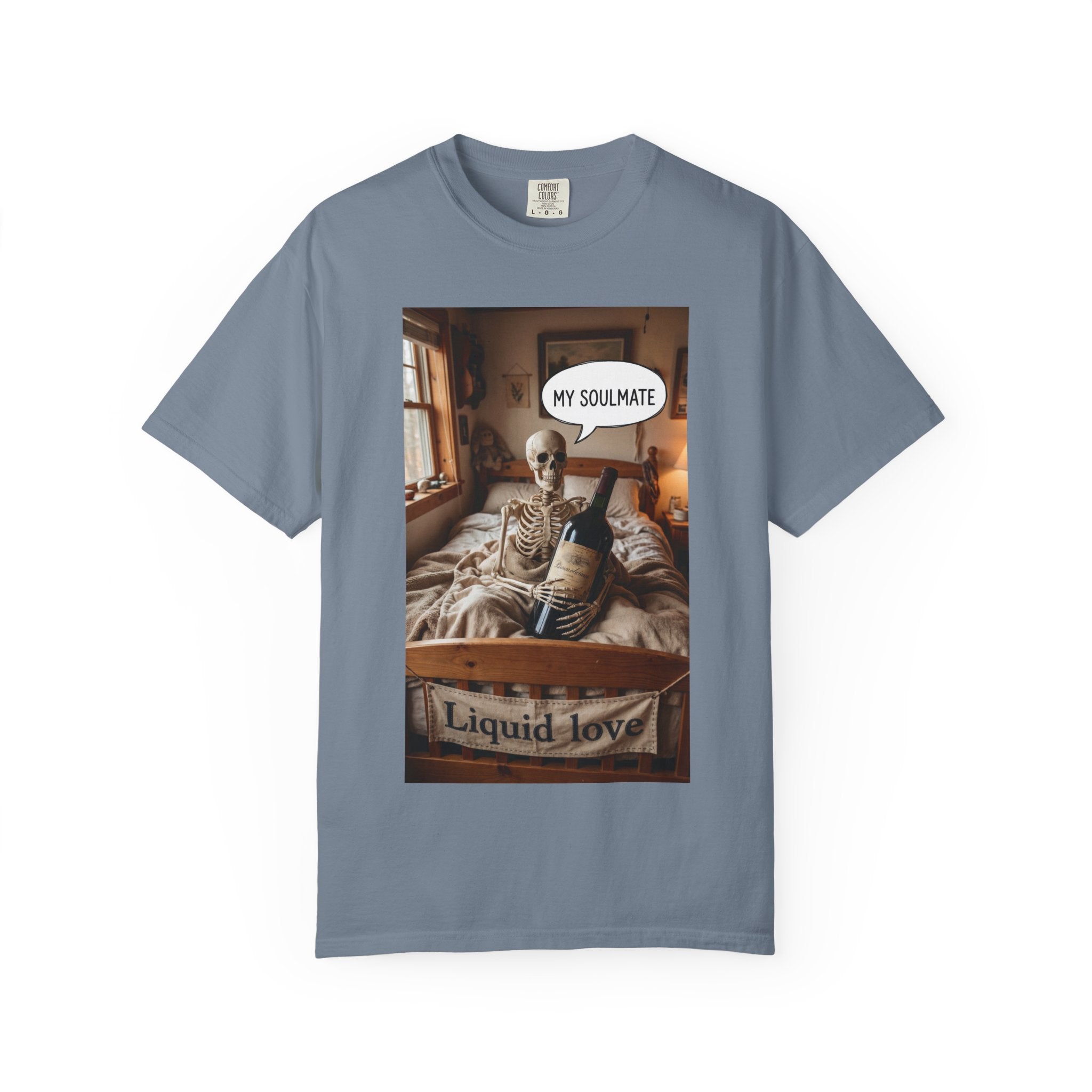 Liquid Love Skeleton Wine Shirt - Funny Soulmate Gift - Dark Humor T-Shirt - Gothic Cottagecore Graphic Tee - Sarcastic Wine Enthusiast Apparel Blue Jean