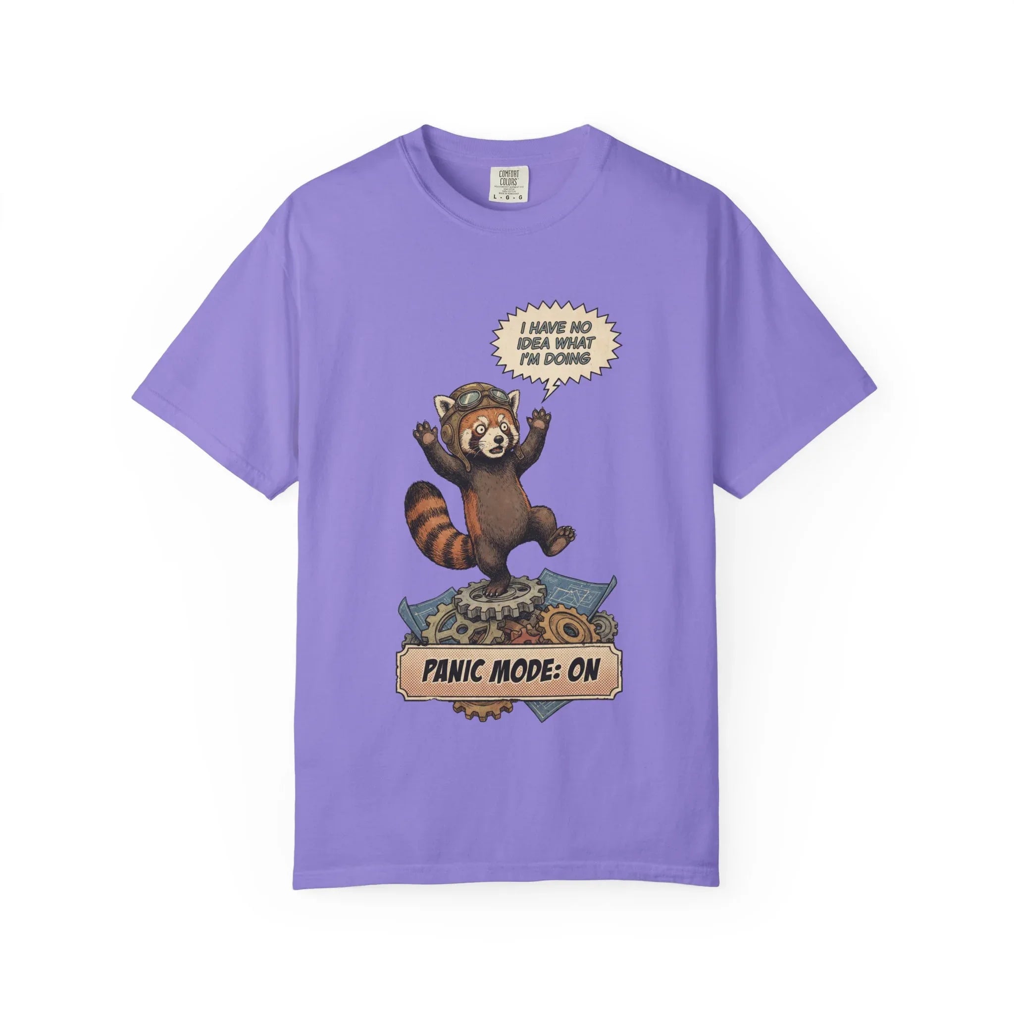 Vintage Red Panda T-Shirt - Funny Engineer Gift - Panicked Pilot Shirt - Imposter Syndrome Meme Tee - Retro Mechanic Animal Graphic - "Panic Mode On" Top Violet