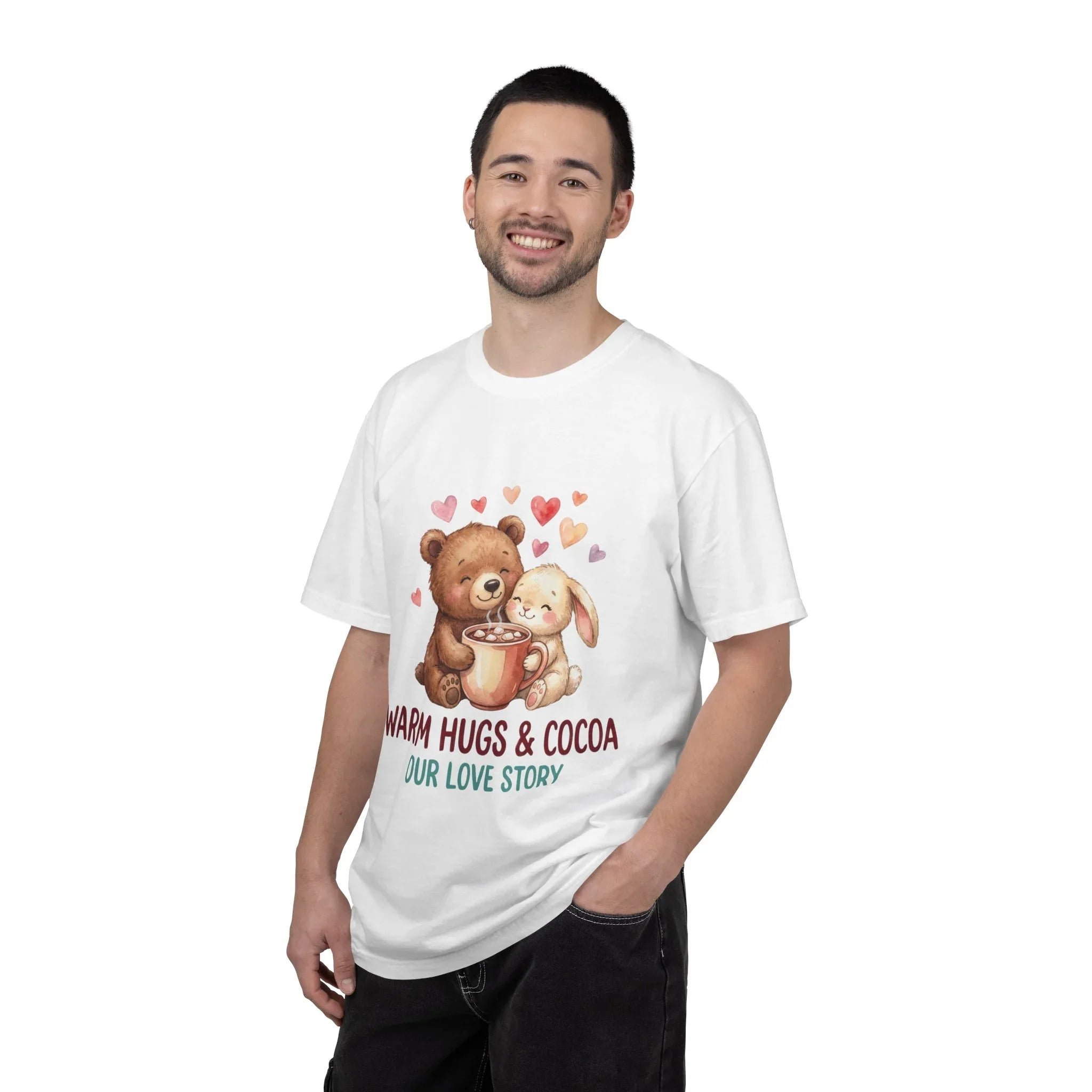 Warm Hugs and Cocoa Our Love Story T-Shirt | Bear Bunny Illustration | Cozy Winter Valentine Gift | Soft Vintage Storybook Tee