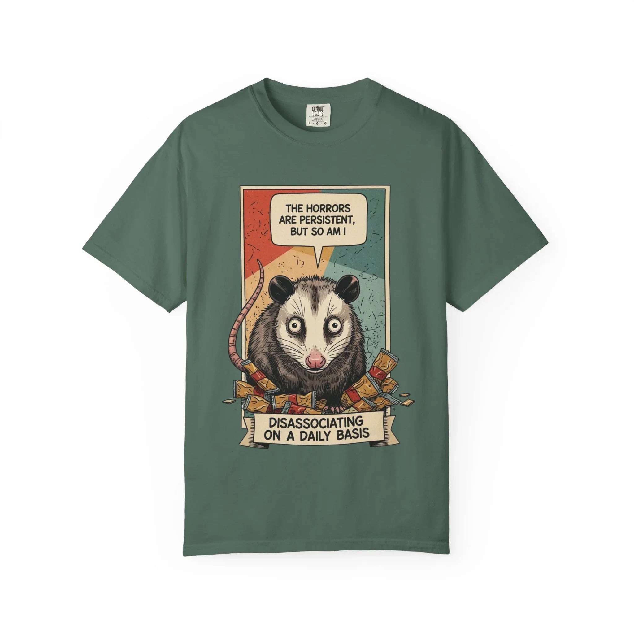 Funny Opossum Shirt - "The Horrors Are Persistent But So Am I" Tee - Mental Health Awareness Gift - Disassociation Meme Sweatshirt - Retro Trash Cat Hoodie Blue Spruce