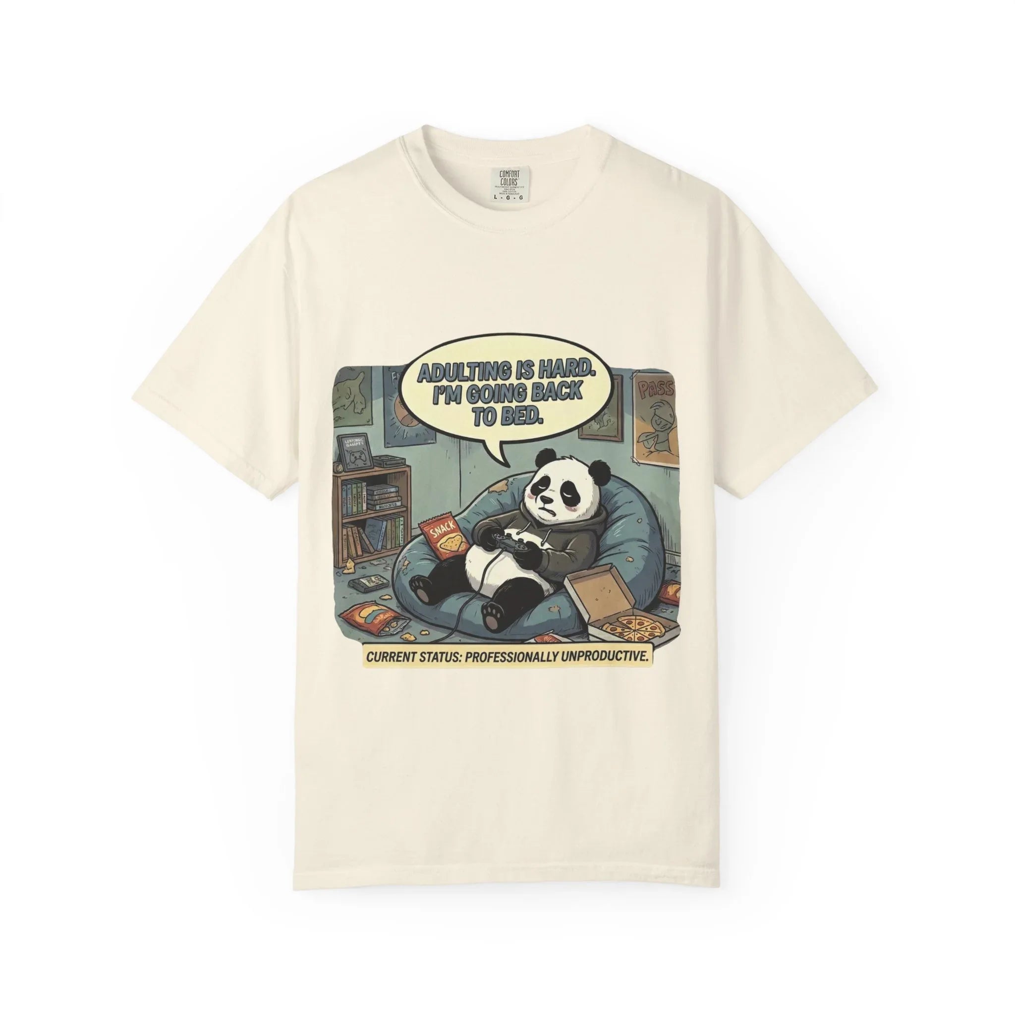 Adulting Is Hard Panda T-Shirt | Lazy Reading Graphic Tee | Cozy Bookworm Humor Gift | Vintage Anti Hustle Comic Shirt Ivory