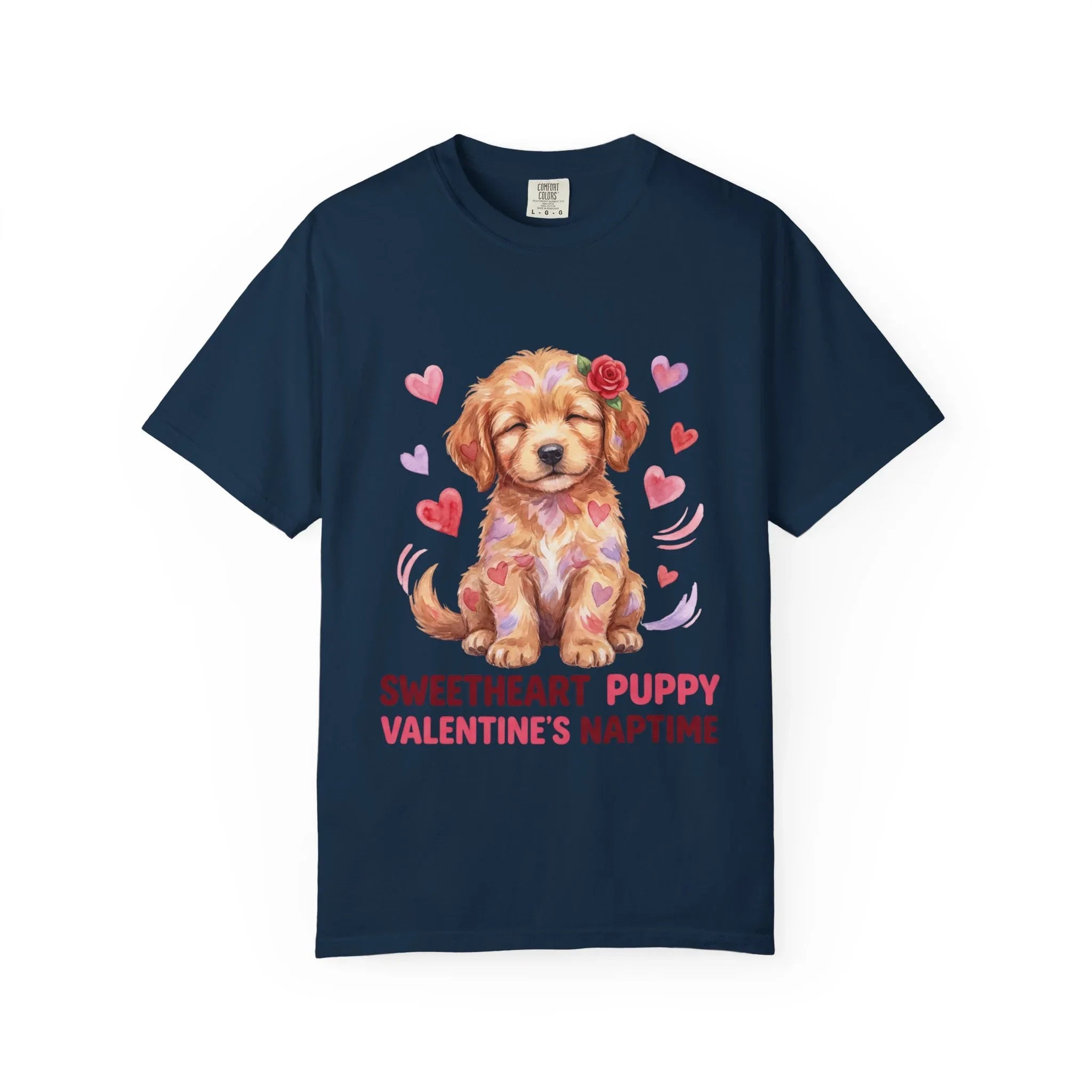 Sweetheart Puppy Valentines Naptime T Shirt Cute Watercolor Dog Art Cozy Vintage Aesthetic Gift for Dog Lovers Soft Cotton Retro Valentines True Navy