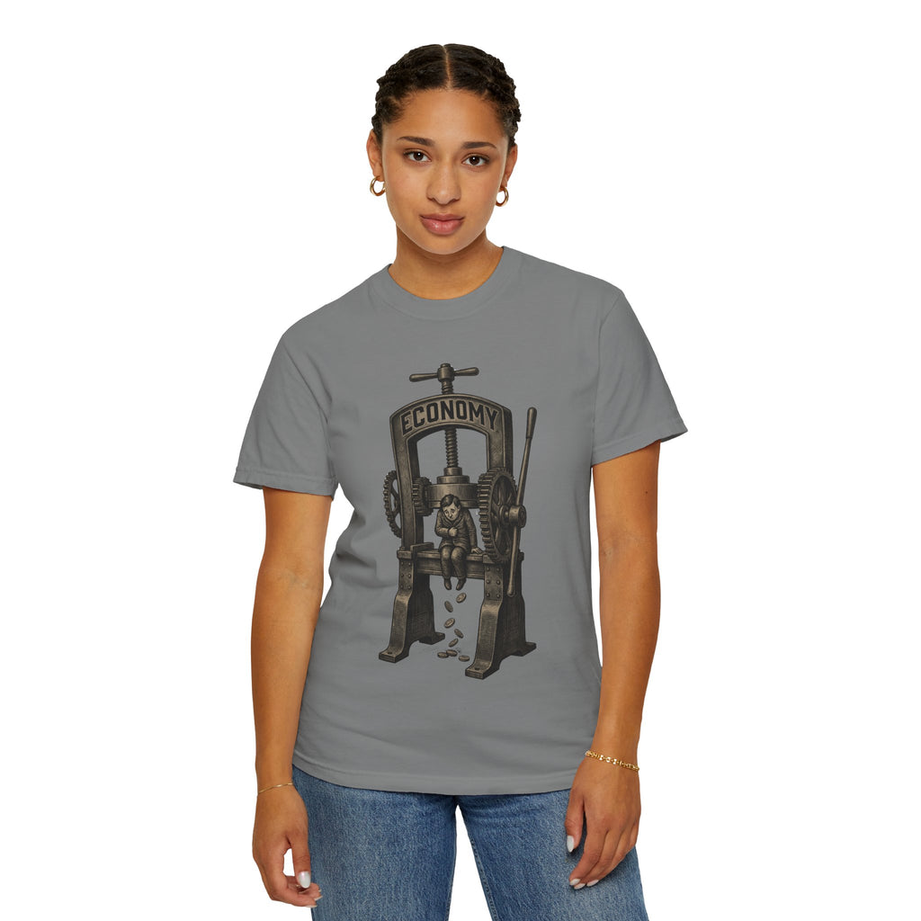 Vintage "ECONOMY" Press T-Shirt | Retro Industrial Satire Graphic Tee | Hand-Drawn Woodcut Style Socio-Economic Statement Shirt