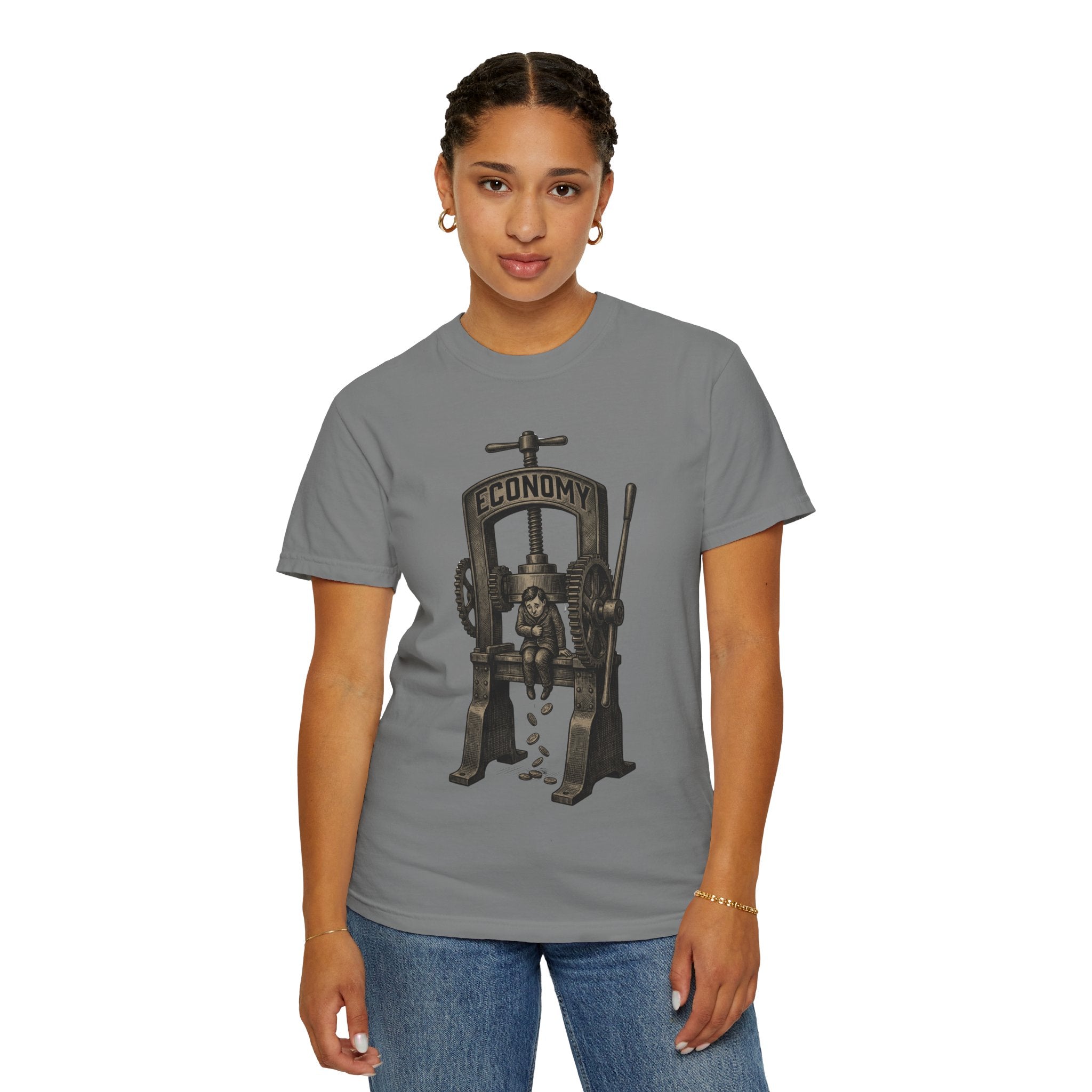 Vintage "ECONOMY" Press T-Shirt | Retro Industrial Satire Graphic Tee | Hand-Drawn Woodcut Style Socio-Economic Statement Shirt
