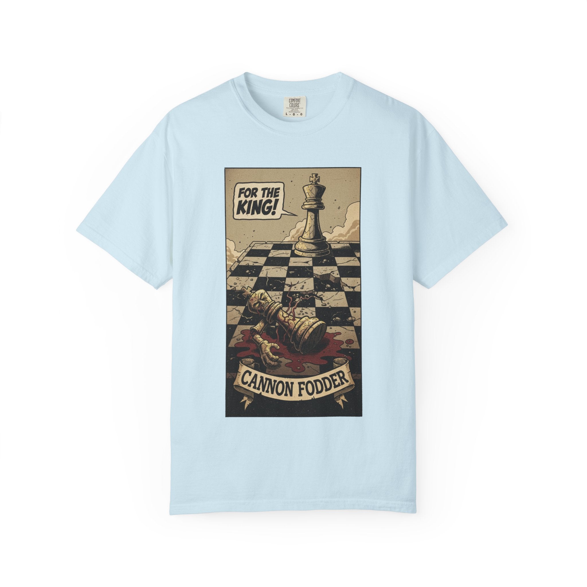 T-Shirt — "For the King! Cannon Fodder" Vintage Chess Graphic Tee Chambray