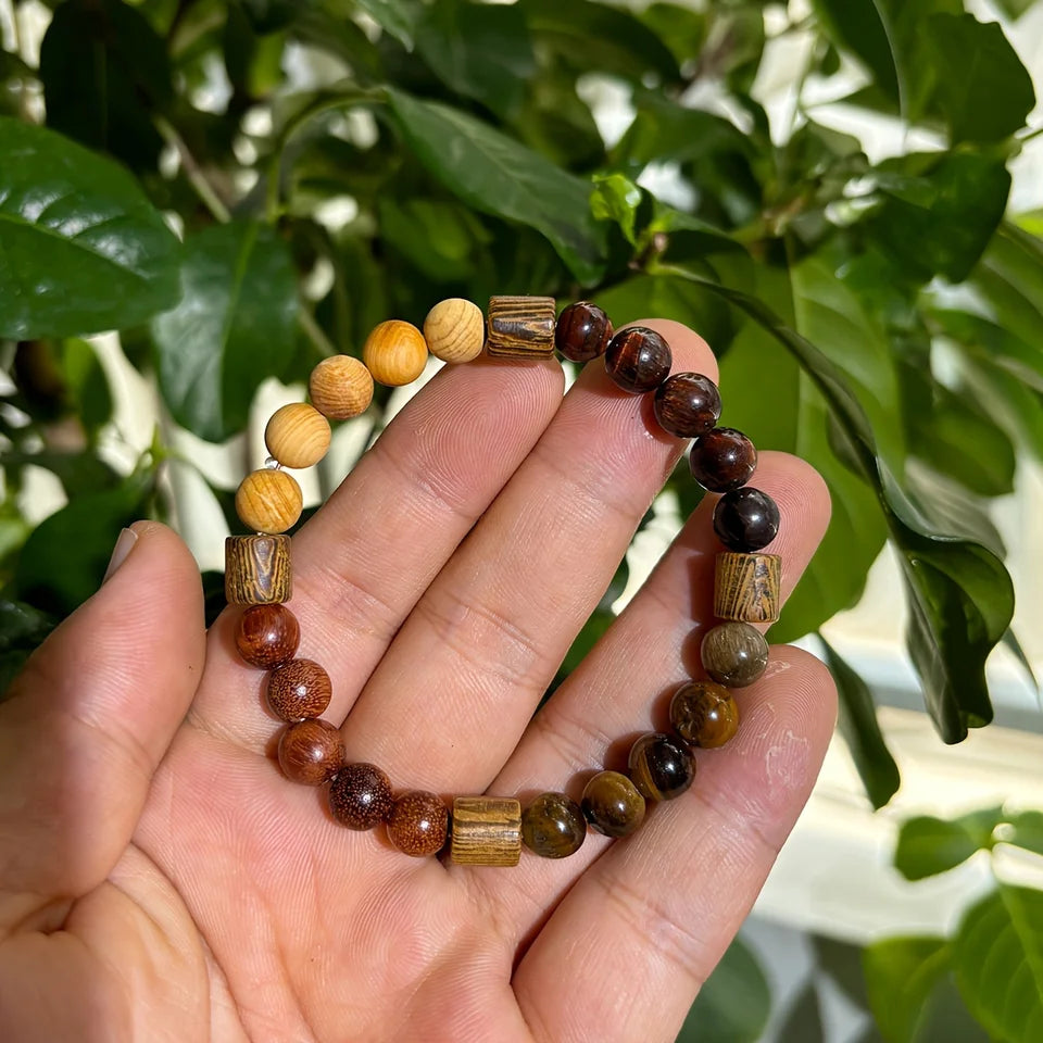 ✨ Natural Red & Yellow Tiger Eye Stone and Wood Beads Handmade Bracelet – Unisex Protection, Grounding, Abundance & Prosperity Jewelry