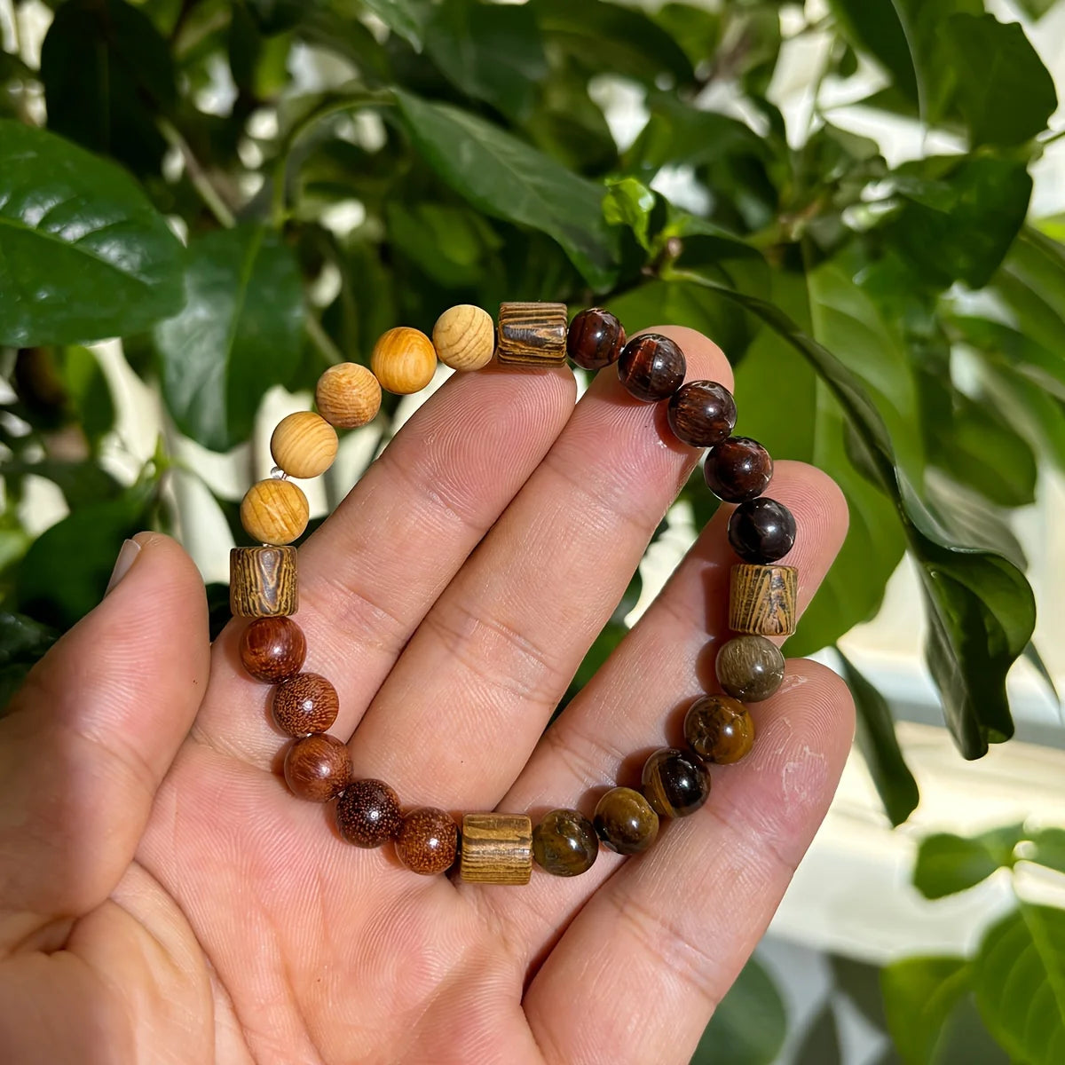 ✨ Natural Red & Yellow Tiger Eye Stone and Wood Beads Handmade Bracelet – Unisex Protection, Grounding, Abundance & Prosperity Jewelry