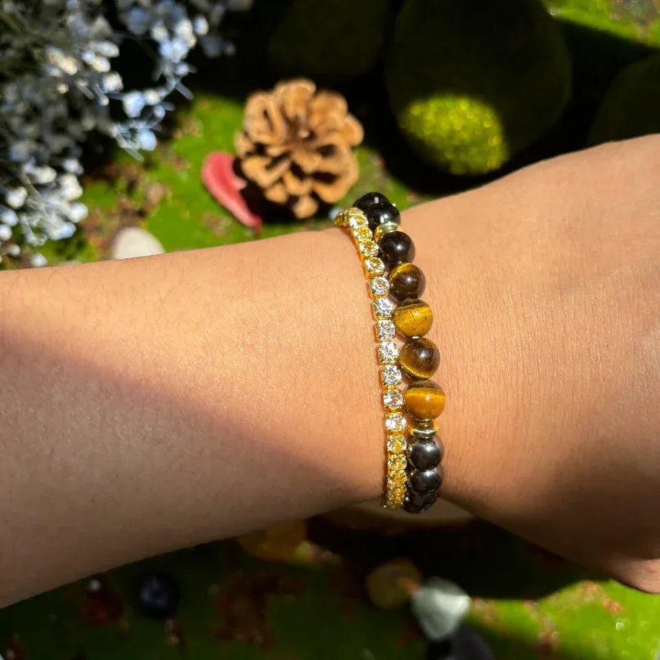 ✨ Wealth and Prosperity Bracelet – Tiger Eye Stone & Lapis Lazuli with Natural Wood Beads – Handmade Unisex Jewelry