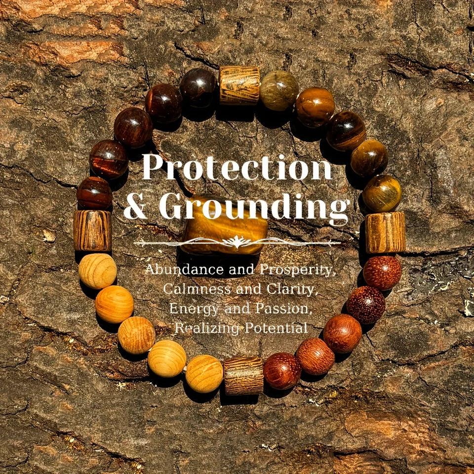 ✨ Natural Red & Yellow Tiger Eye Stone and Wood Beads Handmade Bracelet – Unisex Protection, Grounding, Abundance & Prosperity Jewelry 18cm