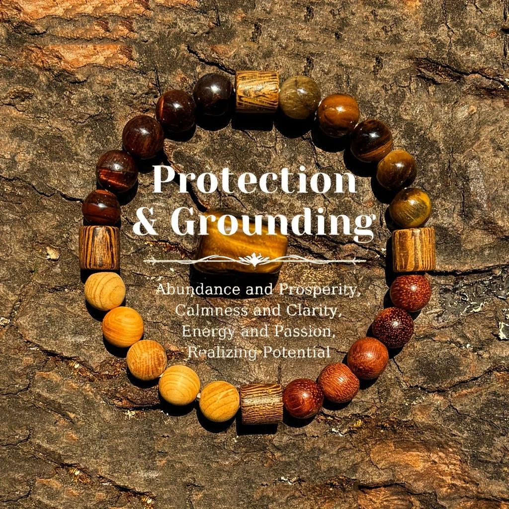 ✨ Natural Red & Yellow Tiger Eye Stone and Wood Beads Handmade Bracelet – Unisex Protection, Grounding, Abundance & Prosperity Jewelry