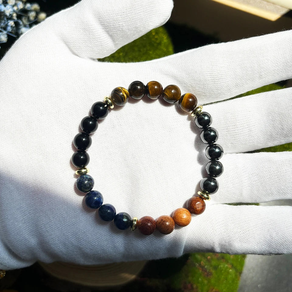 ✨ Wealth and Prosperity Bracelet – Tiger Eye Stone & Lapis Lazuli with Natural Wood Beads – Handmade Unisex Jewelry