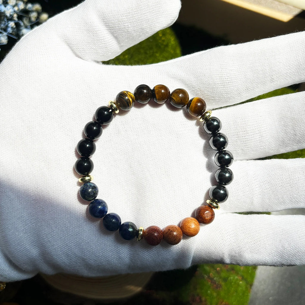 ✨ Wealth and Prosperity Bracelet – Tiger Eye Stone & Lapis Lazuli with Natural Wood Beads – Handmade Unisex Jewelry