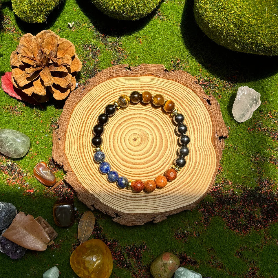 ✨ Wealth and Prosperity Bracelet – Tiger Eye Stone & Lapis Lazuli with Natural Wood Beads – Handmade Unisex Jewelry