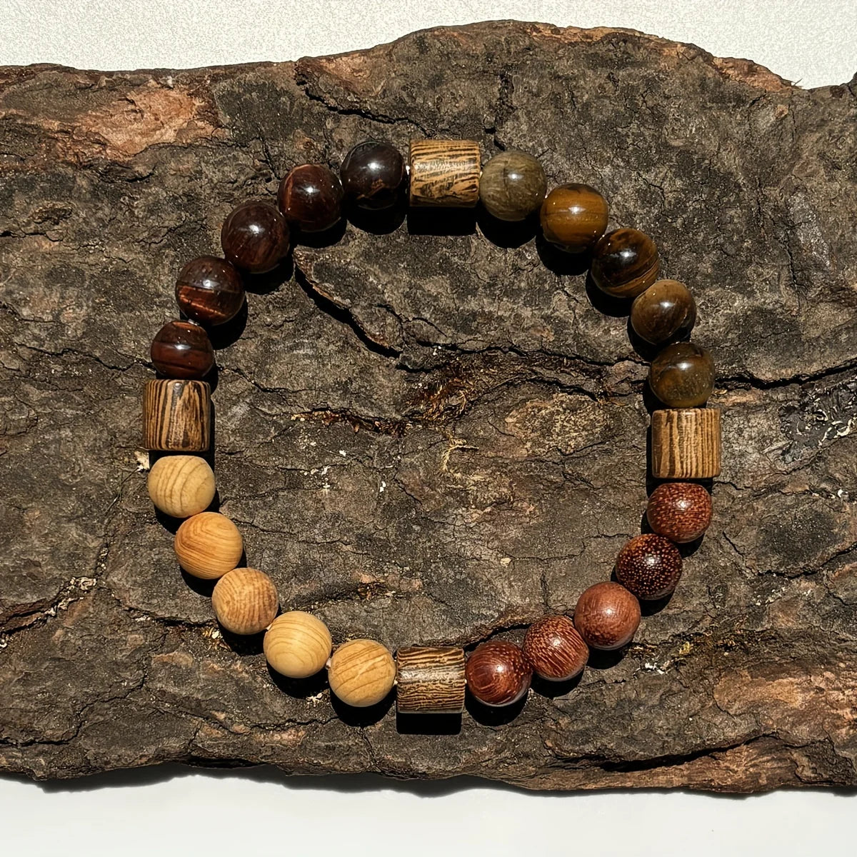 ✨ Natural Red & Yellow Tiger Eye Stone and Wood Beads Handmade Bracelet – Unisex Protection, Grounding, Abundance & Prosperity Jewelry