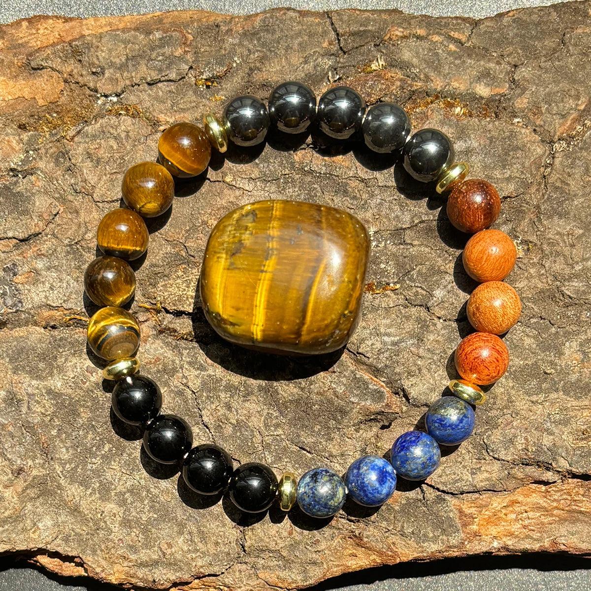 ✨ Wealth and Prosperity Bracelet – Tiger Eye Stone & Lapis Lazuli with Natural Wood Beads – Handmade Unisex Jewelry