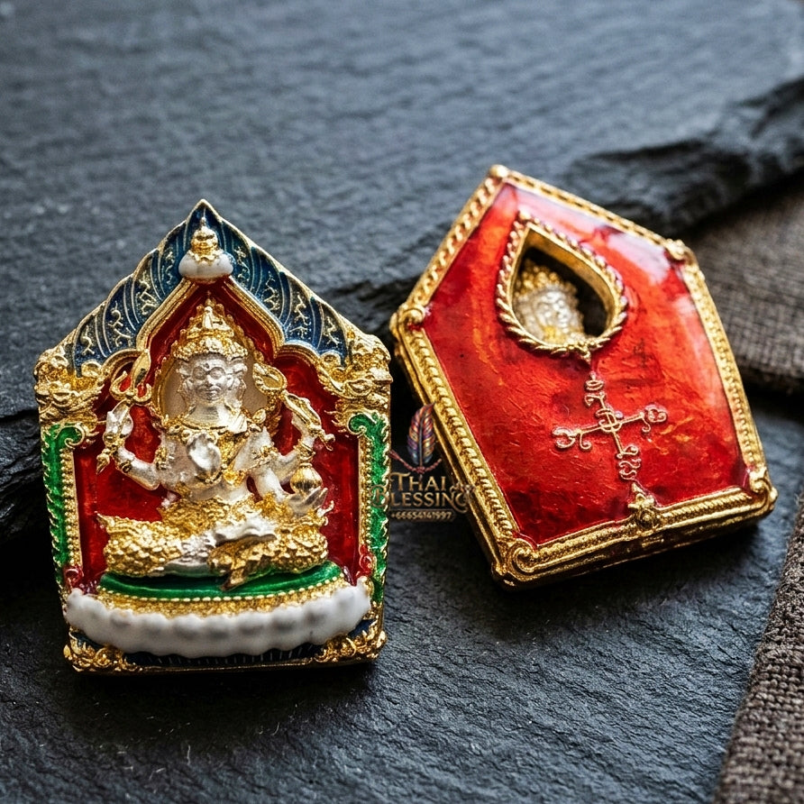Authentic Thai Sacred Phra Phrom Erawan (4-Faced Brahma Divine Creator Statue) - Small Size Gold Plated with Enamel & 2K Plated Body Edition (Mahathep Pratthan Khwam Samret 67 Model) for Ultimate Success, Prosperity, Health & Wish Fulfillment