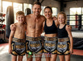 🥊The Warrior’s Glory: Authentic Premium Thai Pattern Muay Thai Shorts – Double-Layered Professional Satin Boxing Trunks, Handcrafted Factory-Direct Export Grade for Adults and Kids (Gray and black Muay Thai shorts)