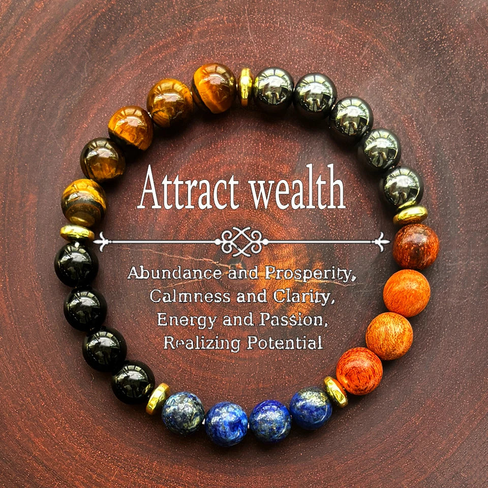 ✨ Wealth and Prosperity Bracelet – Tiger Eye Stone & Lapis Lazuli with Natural Wood Beads – Handmade Unisex Jewelry 18cm