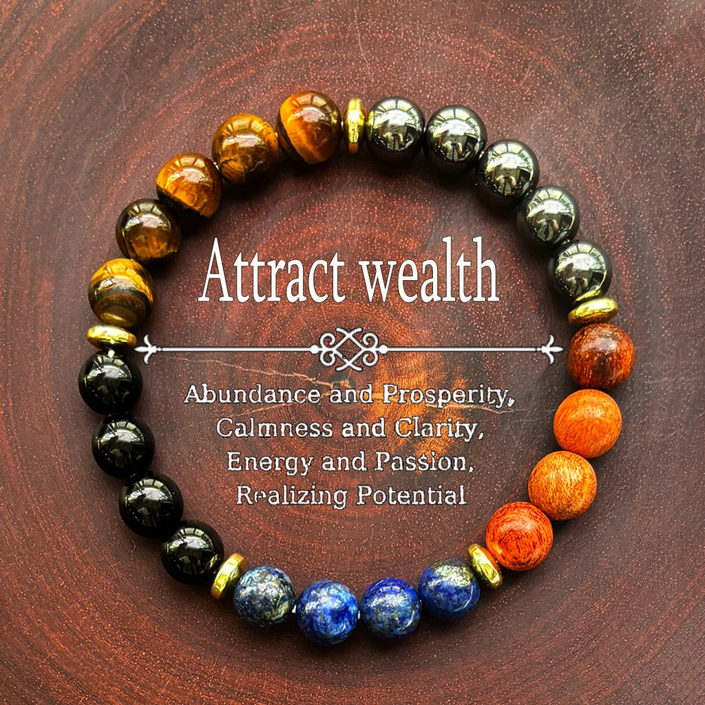 ✨ Wealth and Prosperity Bracelet – Tiger Eye Stone & Lapis Lazuli with Natural Wood Beads – Handmade Unisex Jewelry