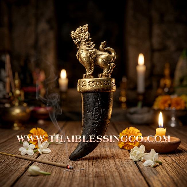 🦁 Sacred "Kiao Samlit" Singha Maha Chok: Authentic Thai Victory Bronze Lion of Fortune & Millionaire Abundance by Wat Traimit (2016)