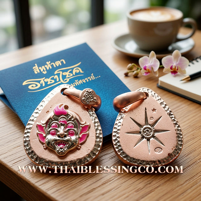🔥 Sacred "Si Hu Ha Ta" (4 Ears & 5 Eyes) – Pink Gold-Plated & Enamel Samrit Edition: Arjan Subin Na Na Thong (2021) – The Legendary "Charcoal-to-Gold" Catalyst for Sudden Wealth, Business Windfalls, and Unstoppable Financial Success!