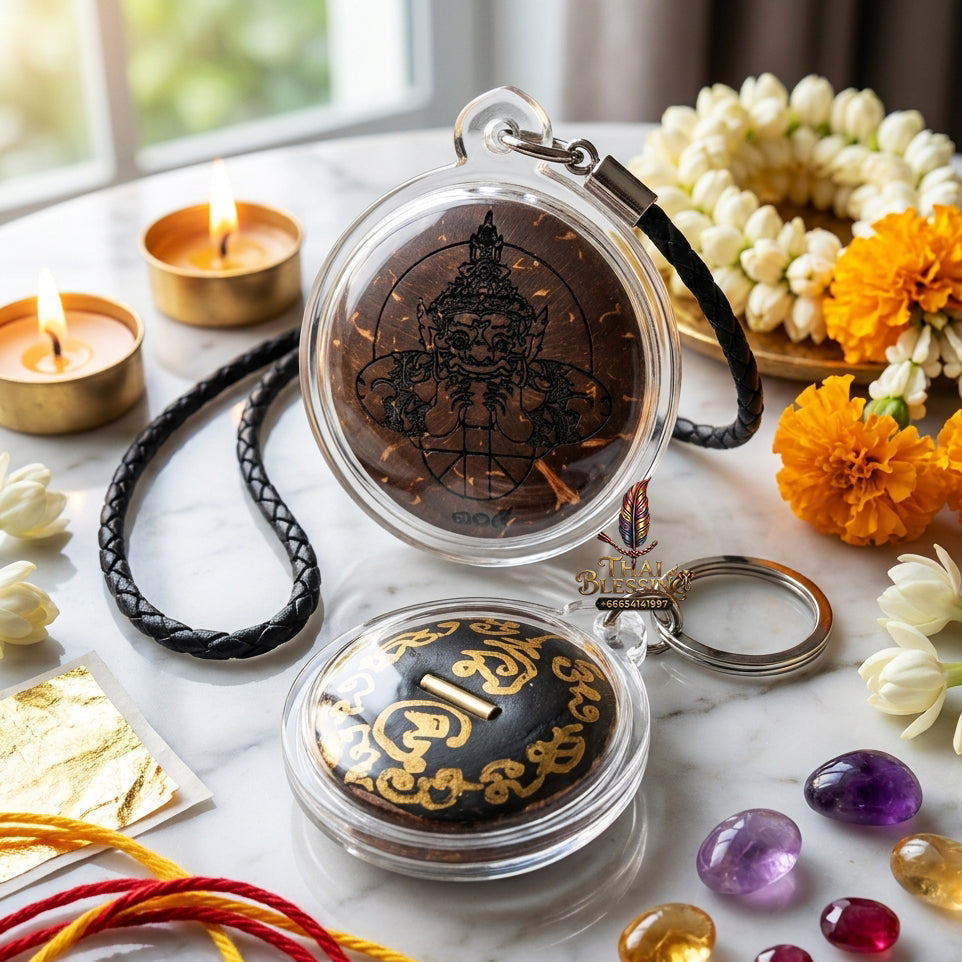 ✨ Authentic Hand-Carved One-Eyed Coconut Phra Rahu – Celestial Deity Edition, Luang Phor Chatchai, Wat Ban Poon 2019 – Rare Wealth & Protection Masterpiece