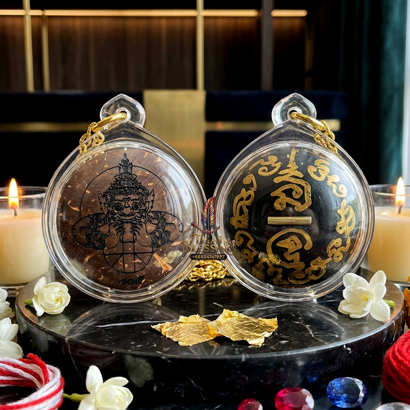 ✨ Authentic Hand-Carved One-Eyed Coconut Phra Rahu – Celestial Deity Edition, Luang Phor Chatchai, Wat Ban Poon 2019 – Rare Wealth & Protection Masterpiece