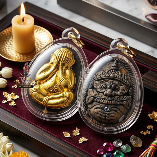 ✨ Authentic Phra Pit Ta Back-to-Rahu – Sacred Palm Leaf Powder with Gold Mask, Luang Pu Key, Wat Si Lamyong 2014 “Song Nam” Edition – Rare Wealth & Protection Masterpiece