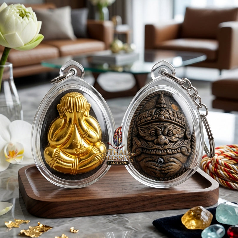 ✨ Authentic Phra Pit Ta Back-to-Rahu – Sacred Palm Leaf Powder with Gold Mask, Luang Pu Key, Wat Si Lamyong 2014 “Song Nam” Edition – Rare Wealth & Protection Masterpiece