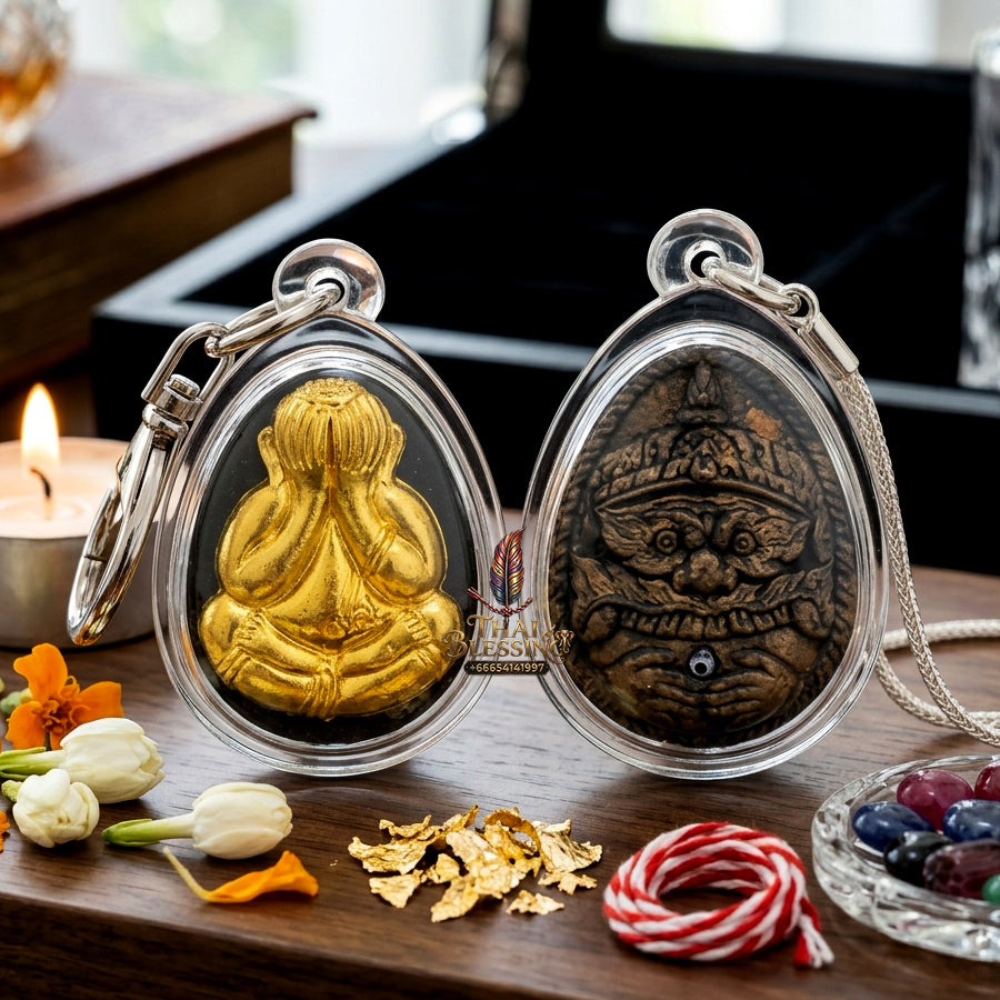 ✨ Authentic Phra Pit Ta Back-to-Rahu – Sacred Palm Leaf Powder with Gold Mask, Luang Pu Key, Wat Si Lamyong 2014 “Song Nam” Edition – Rare Wealth & Protection Masterpiece