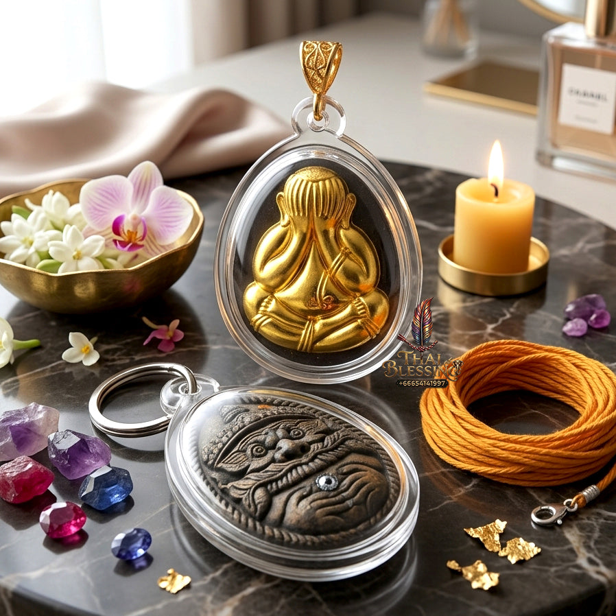 ✨ Authentic Phra Pit Ta Back-to-Rahu – Sacred Palm Leaf Powder with Gold Mask, Luang Pu Key, Wat Si Lamyong 2014 “Song Nam” Edition – Rare Wealth & Protection Masterpiece