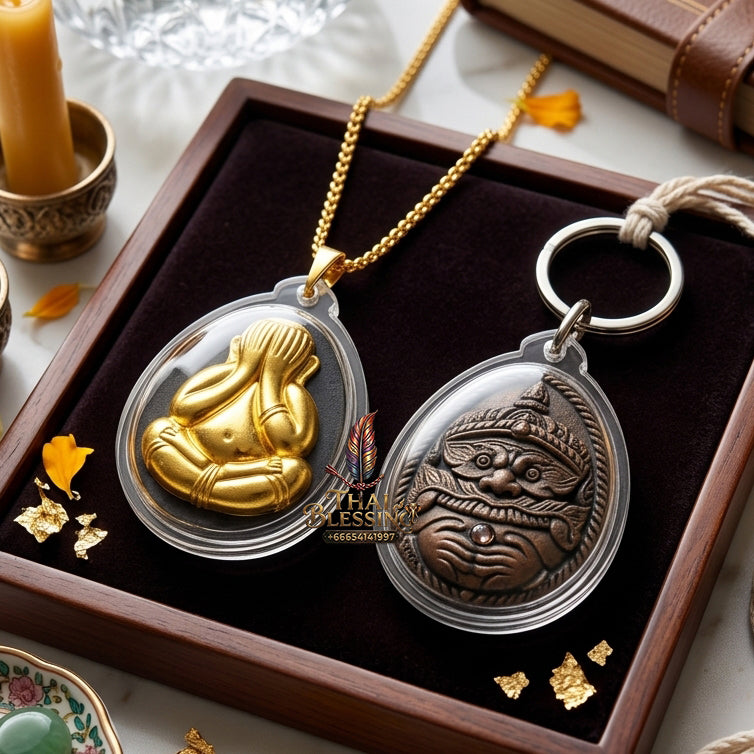 ✨ Authentic Phra Pit Ta Back-to-Rahu – Sacred Palm Leaf Powder with Gold Mask, Luang Pu Key, Wat Si Lamyong 2014 “Song Nam” Edition – Rare Wealth & Protection Masterpiece