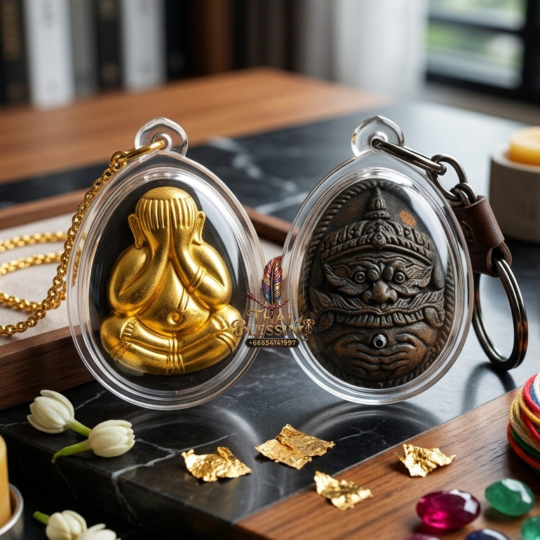✨ Authentic Phra Pit Ta Back-to-Rahu – Sacred Palm Leaf Powder with Gold Mask, Luang Pu Key, Wat Si Lamyong 2014 “Song Nam” Edition – Rare Wealth & Protection Masterpiece