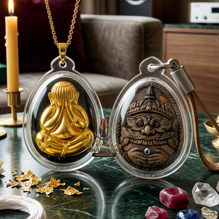 ✨ Authentic Phra Pit Ta Back-to-Rahu – Sacred Palm Leaf Powder with Gold Mask, Luang Pu Key, Wat Si Lamyong 2014 “Song Nam” Edition – Rare Wealth & Protection Masterpiece