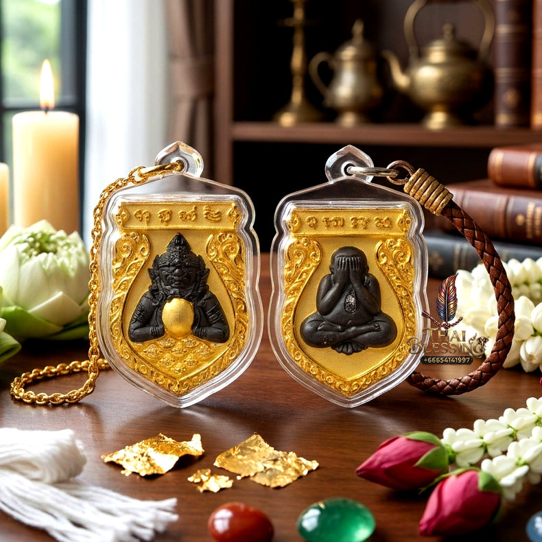 ✨ Authentic Phra Rahu Pit Ta – Gold & Black Rhodium Plated Bronze, Luang Pho Wan, Wat Khlong Khun 2018 “Great Millionaire” Edition – Rare Prestige & Fortune Magnet