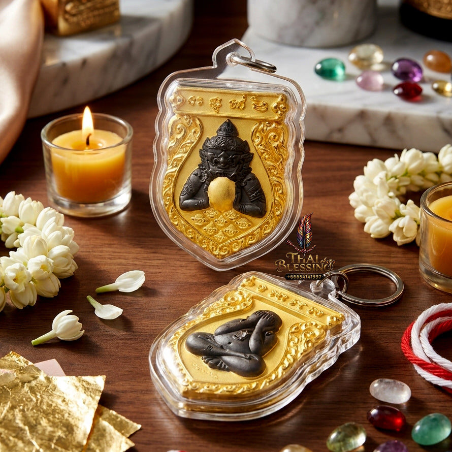 ✨ Authentic Phra Rahu Pit Ta – Gold & Black Rhodium Plated Bronze, Luang Pho Wan, Wat Khlong Khun 2018 “Great Millionaire” Edition – Rare Prestige & Fortune Magnet