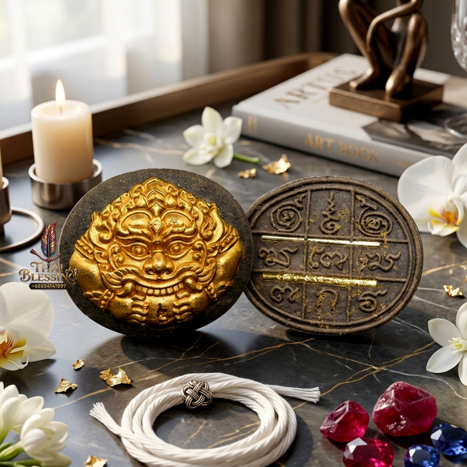 ✨ Authentic Phra Rahu “Nuea Duang” (Beyond Fate) – Sacred Kakyayak Earth with Gold Leaf & Takrut, Archan Plian Hatthanon, 2024 “Shao 5” Great Ceremony Edition