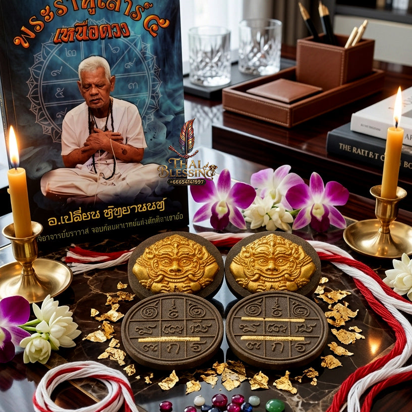 ✨ Authentic Phra Rahu “Nuea Duang” (Beyond Fate) – Sacred Kakyayak Earth with Gold Leaf & Takrut, Archan Plian Hatthanon, 2024 “Shao 5” Great Ceremony Edition