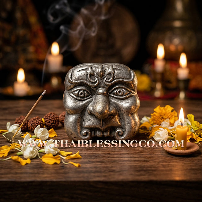🎭Authentic Thai Amulet 2021: Sovereign "Phran Boon" Sacred Mask by Arjan Plien Hatyanon – Rare Chin Silver Edition Infused with Victory Candle Wax for Extreme Luck, Merchant Prosperity, and Divine Mercy Talisman