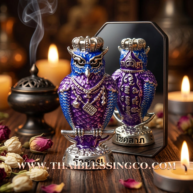🦉Authentic Thai Amulet 2022: Sovereign "Nok Thueat Thue - Chao Sap Rattikan" (Lord of Nightly Treasures) by Luang Pu Maen, Khao Chan Monastic Office – Premium Silver-Plated Samrit & Enamel Edition